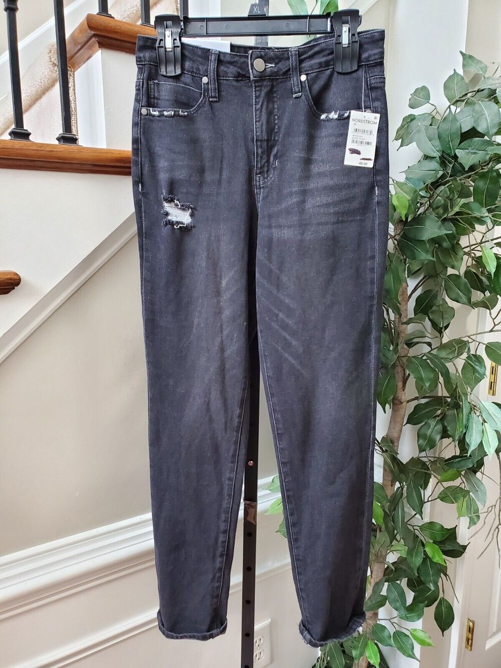 BP Distressed Women Black Denim Cotton Stretch Straight Leg Jeans Pant Size 28